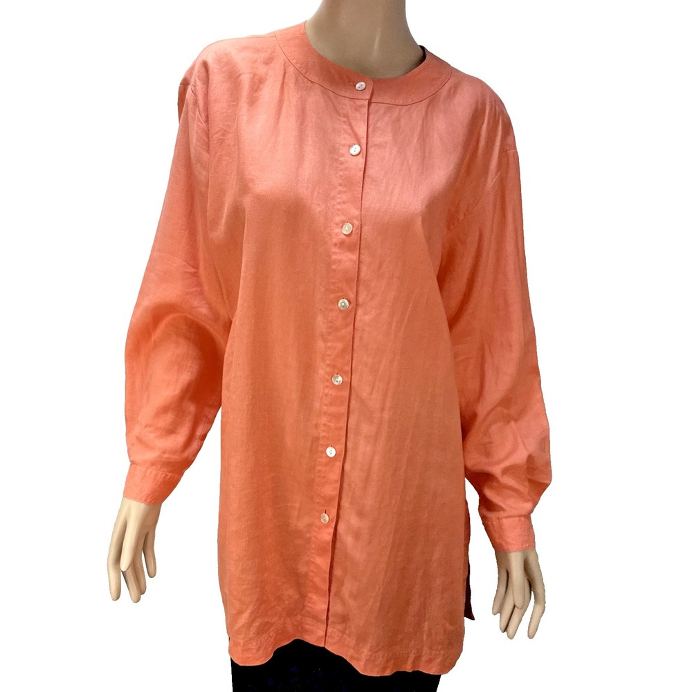 Talbots Vintage Oversized Long Sleeve Button Up Tunic Size M Coral Orange Linen